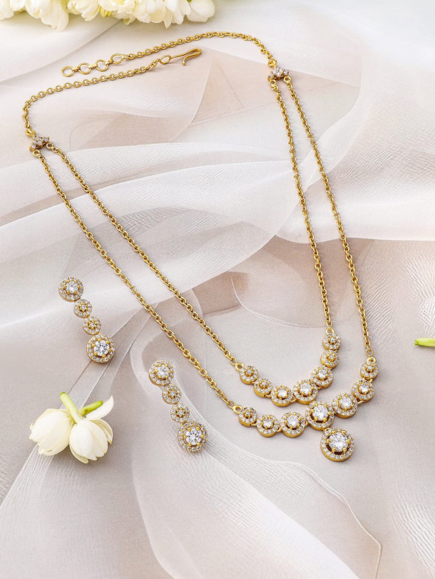 Rubans 22K Gold-Plated Cubic Zirconia Studded Double-Layer Premium Chain Necklace Set Jewellery Set