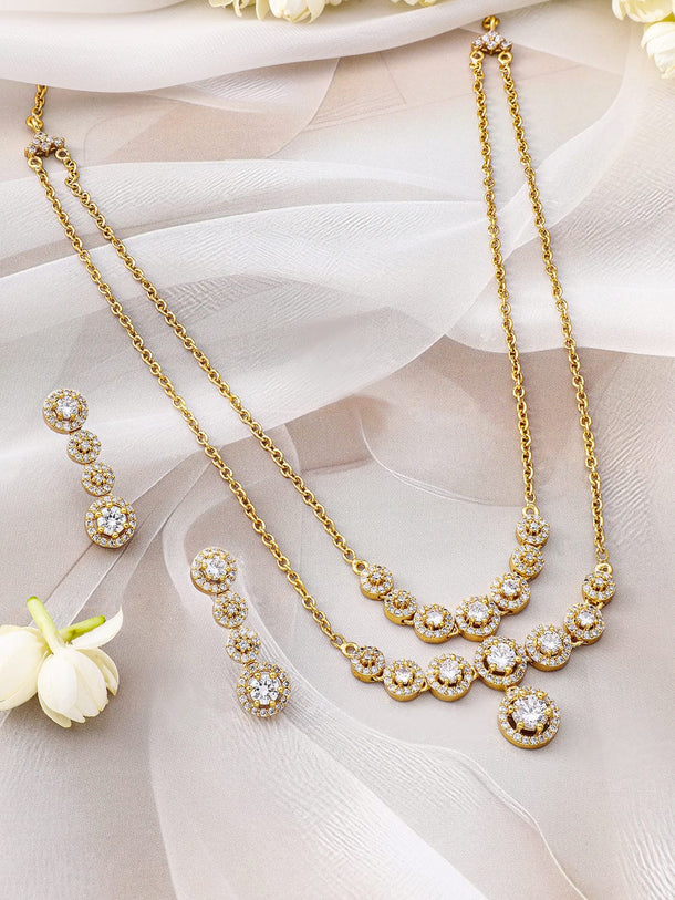 Rubans 22K Gold-Plated Cubic Zirconia Studded Double-Layer Premium Chain Necklace Set Jewellery Set