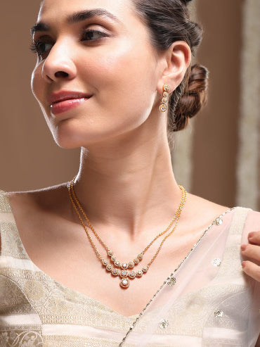 Rubans 22K Gold-Plated Cubic Zirconia Studded Double-Layer Premium Chain Necklace Set Jewellery Set