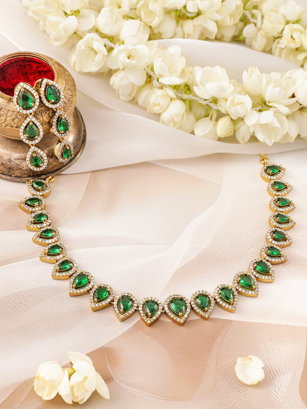 Rubans 22K Gold-Plated Cubic Zirconia Studded Emerald Jewellery Set Jewellery Set