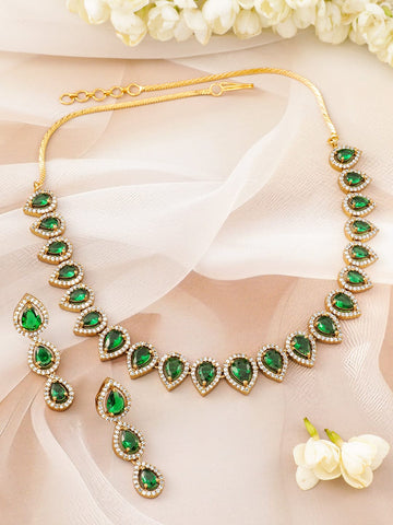 Rubans 22K Gold-Plated Cubic Zirconia Studded Emerald Jewellery Set Jewellery Set