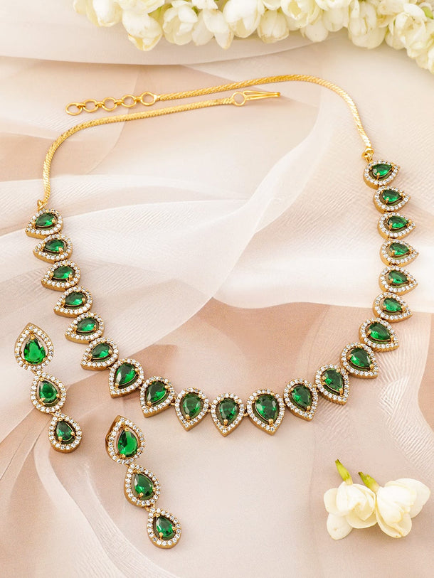Rubans 22K Gold-Plated Cubic Zirconia Studded Emerald Jewellery Set Jewellery Set