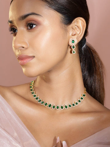 Rubans 22K Gold-Plated Cubic Zirconia Studded Emerald Jewellery Set Necklace Set