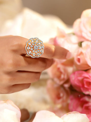 Rubans 22K Gold-Plated Cubic Zirconia Studded Floral Design Adjustable Finger Ring Finger Rings