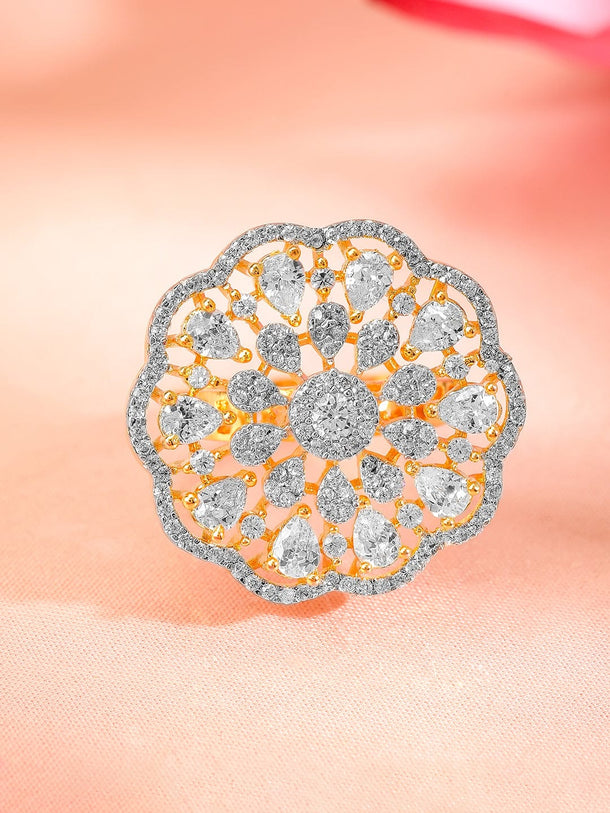 Rubans 22K Gold-Plated Cubic Zirconia Studded Floral Design Adjustable Finger Ring Rings