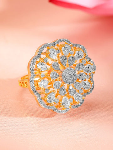 Rubans 22K Gold-Plated Cubic Zirconia Studded Floral Design Adjustable Finger Ring Rings