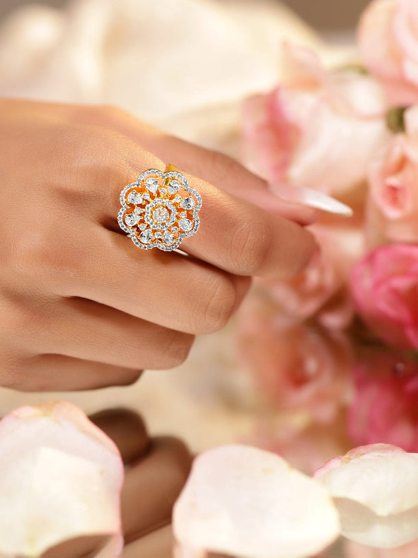 Rubans 22K Gold-Plated Cubic Zirconia Studded Floral Design Adjustable Finger Ring Rings
