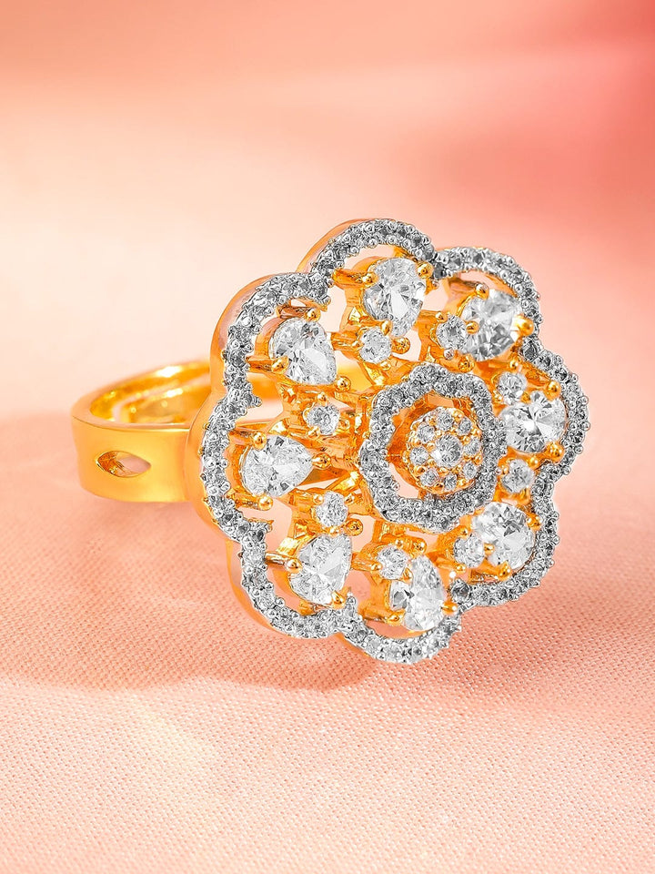 Rubans 22K Gold-Plated Cubic Zirconia Studded Floral Design Adjustable Finger Ring Rings