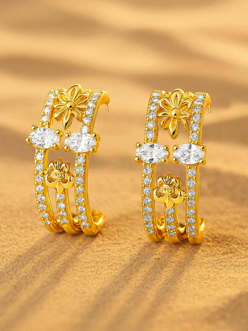 Rubans 22K Gold Plated Cubic Zirconia Studded Floral Half Hoop Earrings Hoop Earrings