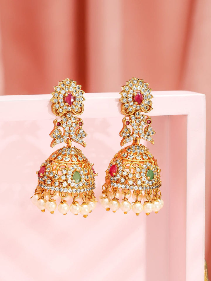 Rubans 22K Gold-Plated Cubic Zirconia Studded Jhumka Earrings