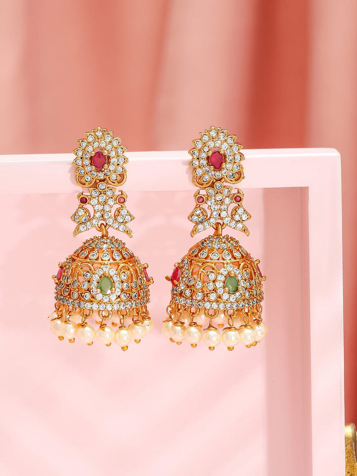 Rubans 22K Gold-Plated Cubic Zirconia Studded Jhumka Earrings