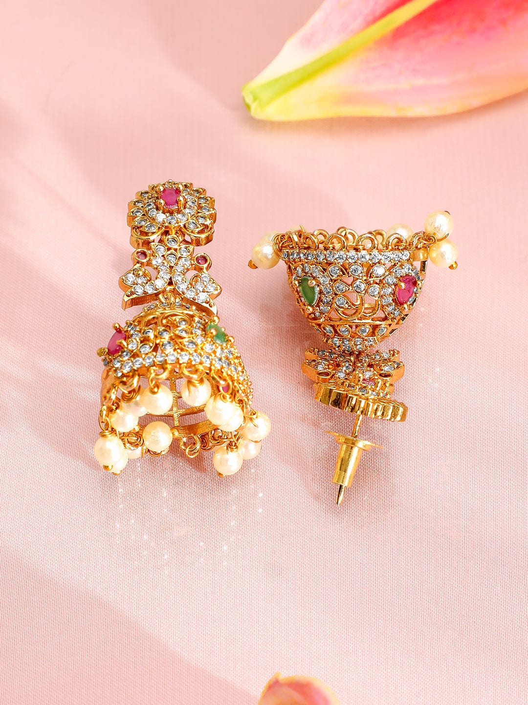 Rubans 22K Gold-Plated Cubic Zirconia Studded Jhumka Earrings