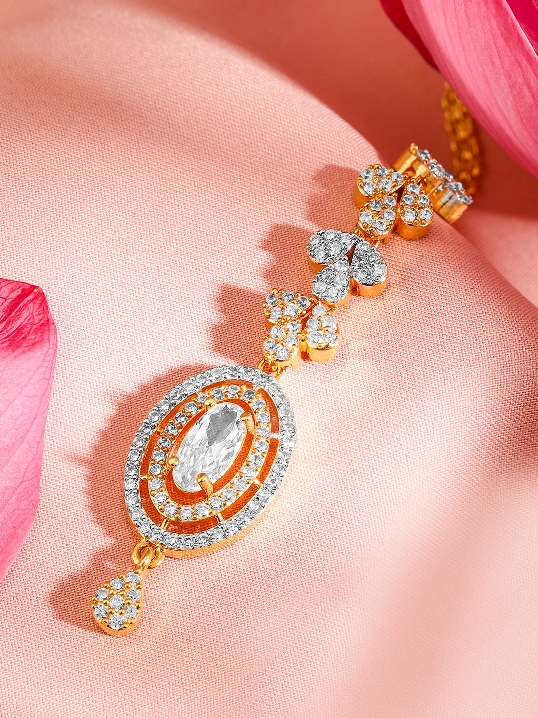 Rubans 22K Gold Plated Cubic Zirconia Studded Maang Tikka Head Jewellery