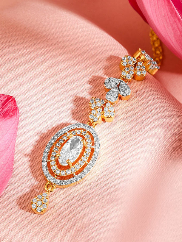 Rubans 22K Gold Plated Cubic Zirconia Studded Maang Tikka Head Jewellery