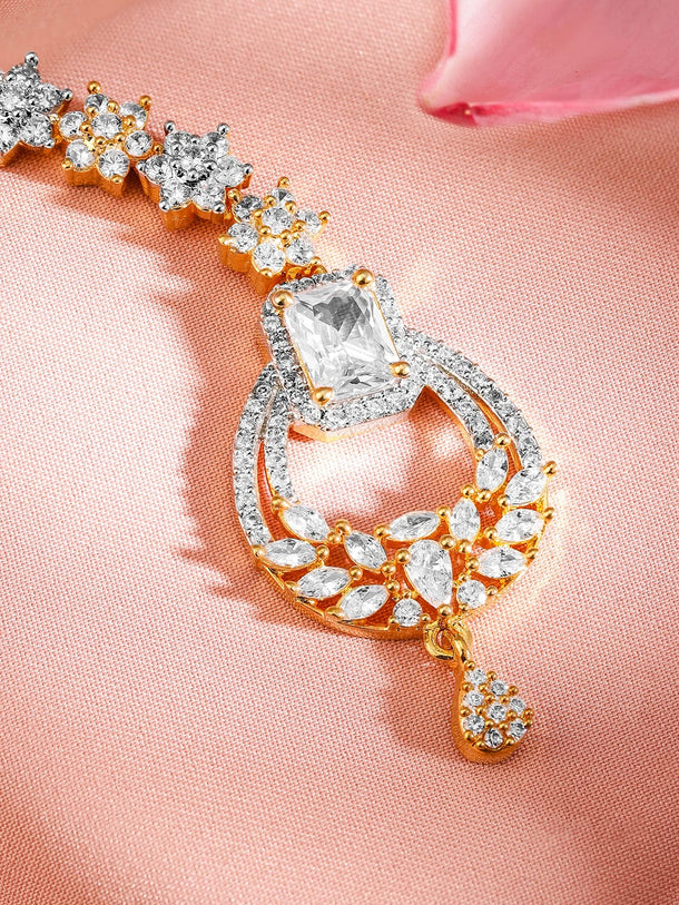 Rubans 22K Gold Plated Cubic Zirconia Studded Maang Tikka Head Jewellery