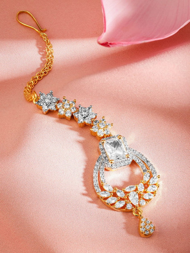 Rubans 22K Gold Plated Cubic Zirconia Studded Maang Tikka Head Jewellery