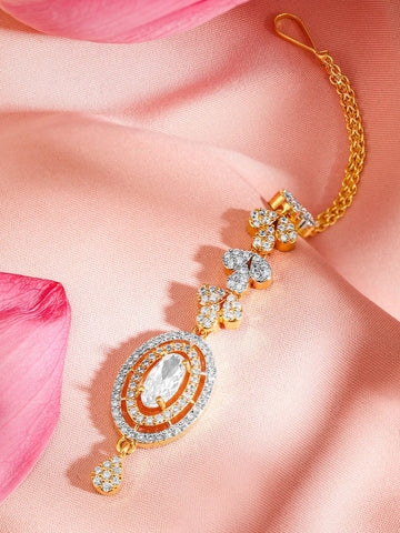 Rubans 22K Gold Plated Cubic Zirconia Studded Maang Tikka Head Jewellery