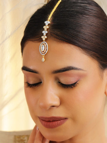 Rubans 22K Gold Plated Cubic Zirconia Studded Maang Tikka Maang Tikka