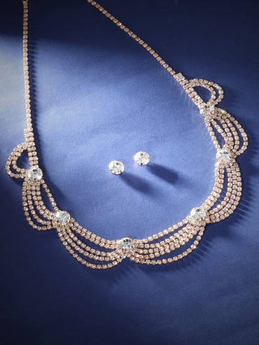 Rubans 22K Gold Plated Cubic Zirconia Studded Multi-Layer Statement Necklace Set Jewellery Set