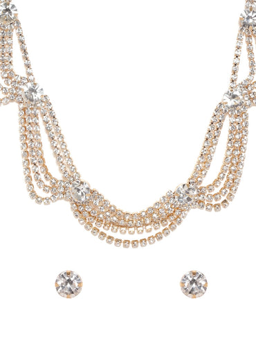 Rubans 22K Gold Plated Cubic Zirconia Studded Multi-Layer Statement Necklace Set Jewellery Set