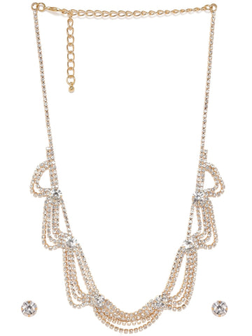 Rubans 22K Gold Plated Cubic Zirconia Studded Multi-Layer Statement Necklace Set Jewellery Set