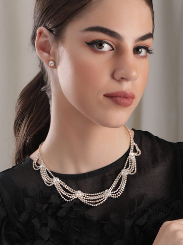 Rubans 22K Gold Plated Cubic Zirconia Studded Multi-Layer Statement Necklace Set Necklace Set