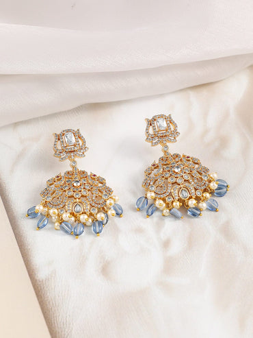 Rubans 22K Gold-Plated Cubic Zirconia Studded Necklace & Earrings Set with Blue & Pearl Bead Accents Jewellery Set