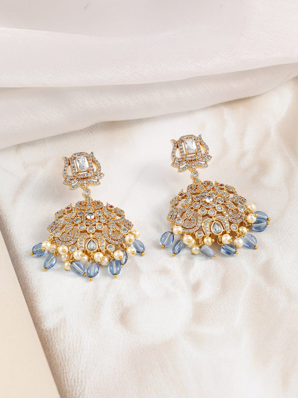 Rubans 22K Gold-Plated Cubic Zirconia Studded Necklace & Earrings Set with Blue & Pearl Bead Accents Jewellery Set