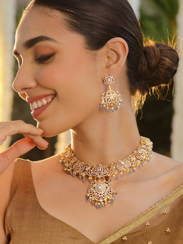 Rubans 22K Gold-Plated Cubic Zirconia Studded Necklace & Earrings Set with Blue & Pearl Bead Accents Necklace Set