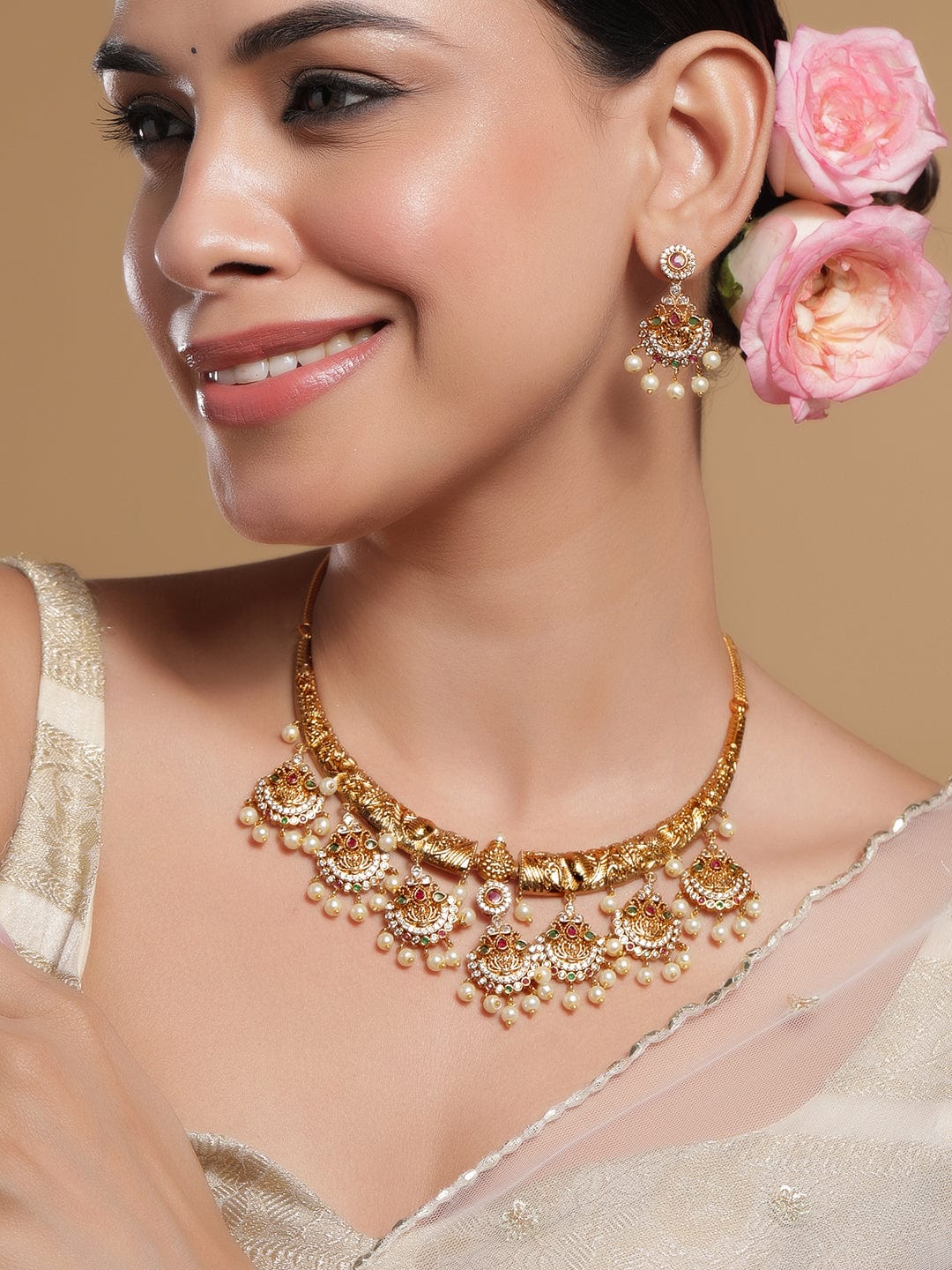 Rubans 22K Gold-Plated Cubic Zirconia Studded & Pearls Beaded Lakshmi Goddess Jewellery Set Necklace Sets