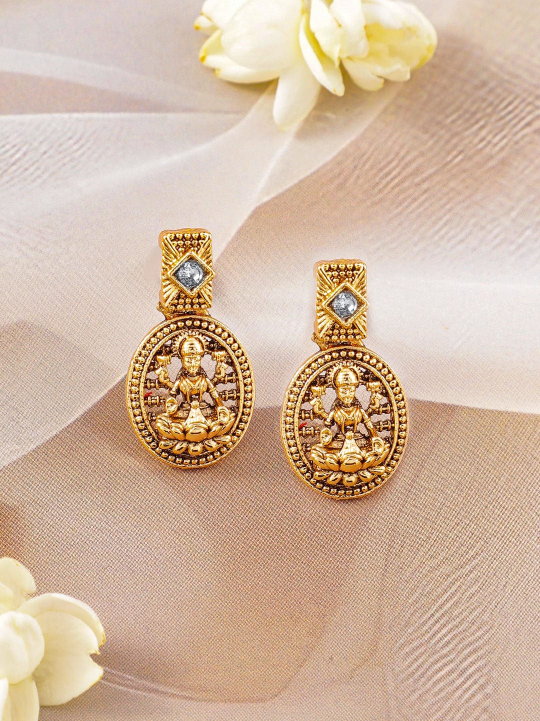 Rubans 22K Gold-Plated CZ Studded Lakshmi Temple Necklace & Earrings Necklace Set