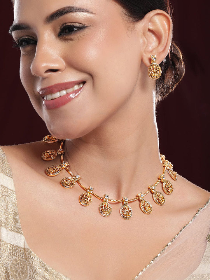 Rubans 22K Gold-Plated CZ Studded Lakshmi Temple Necklace & Earrings Necklace Set