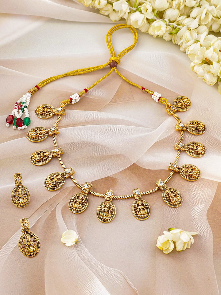 Rubans 22K Gold-Plated CZ Studded Lakshmi Temple Necklace & Earrings Necklace Set