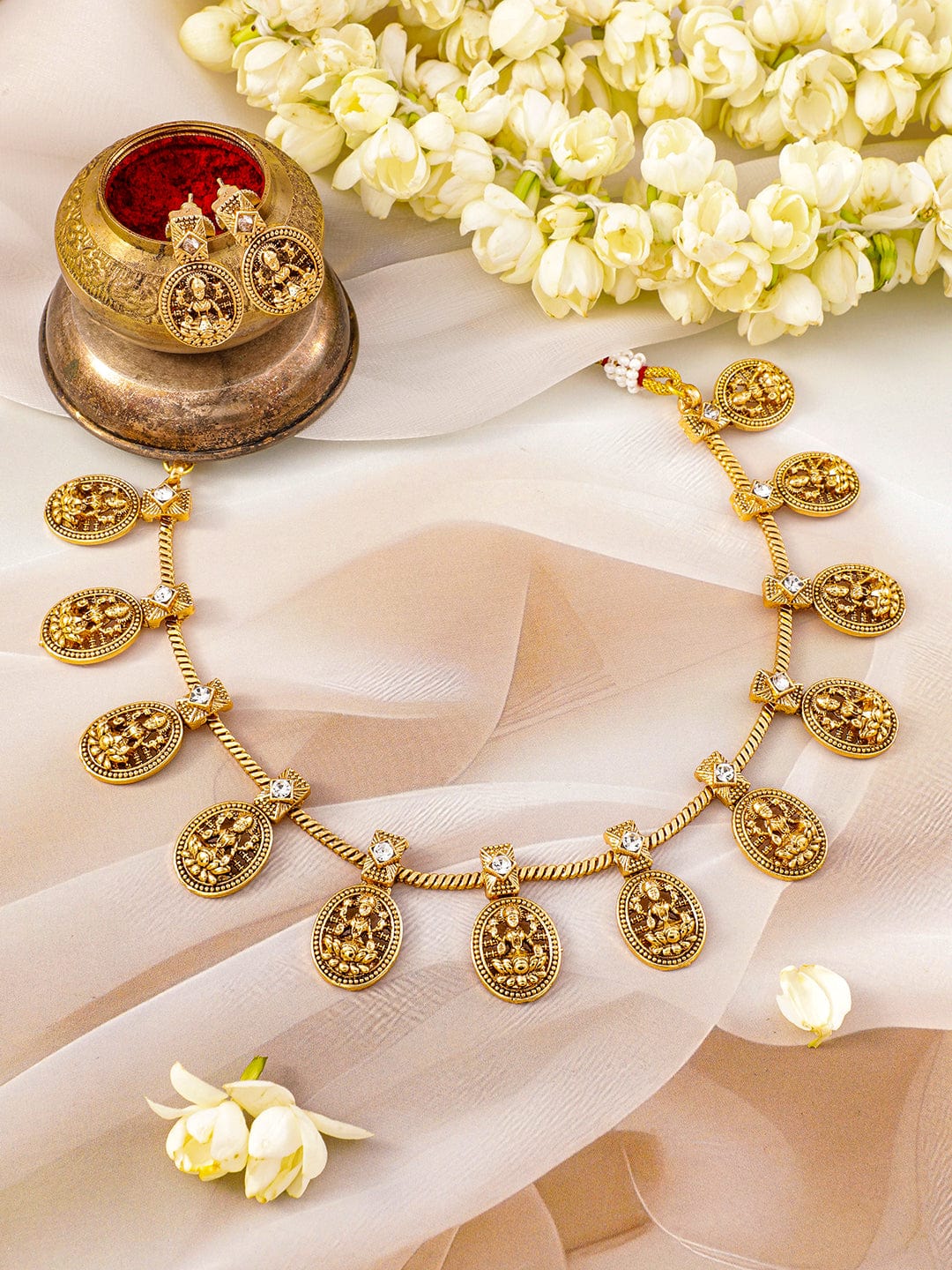 Rubans 22K Gold-Plated CZ Studded Lakshmi Temple Necklace & Earrings Necklace Set