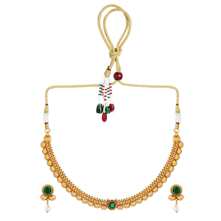 Rubans 22K Gold-Plated Dark Emerald Green Stone & Pearl Beaded Traditional Necklace Set Necklace Set