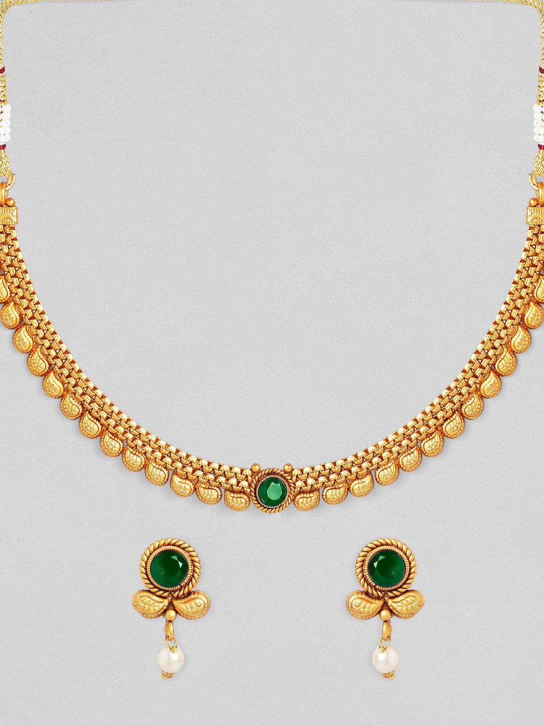 Rubans 22K Gold-Plated Dark Emerald Green Stone & Pearl Beaded Traditional Necklace Set Necklace Set