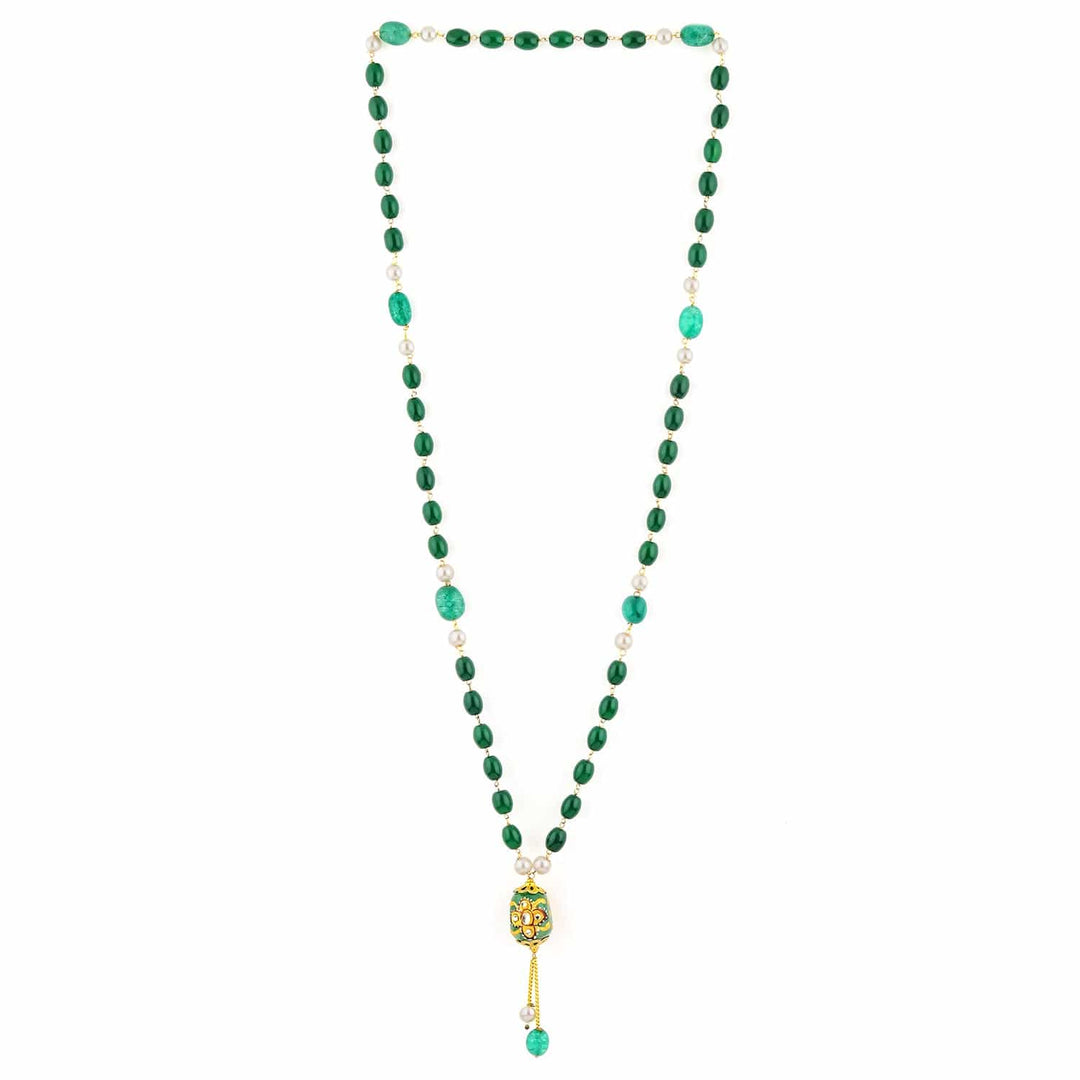 Rubans 22K Gold-Plated Dark Green Beaded Necklace with Antique Pendant & Tassel Accent Necklace Set