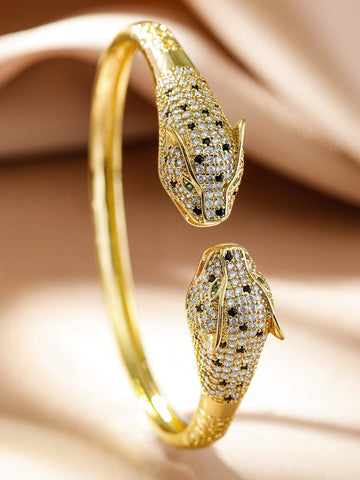 Rubans 22K Gold-Plated Demi-Fine Open Cuff Panther Bracelet with Green, Black & White Cubic Zirconia Bangles & Bracelets