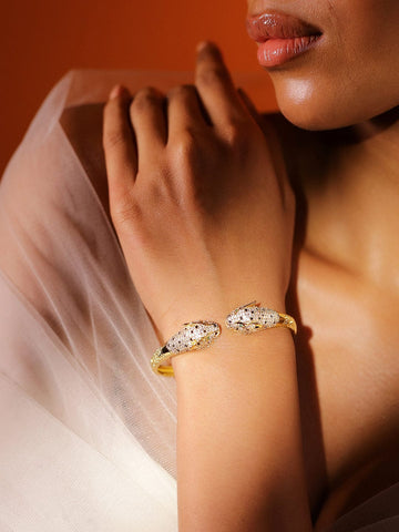 Rubans 22K Gold-Plated Demi-Fine Open Cuff Panther Bracelet with Green, Black & White Cubic Zirconia Wristwear