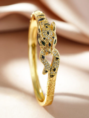 Rubans 22K Gold-Plated Demi-Fine Panther Design Bracelet with Green and Black Cubic Zirconia Bangles & Bracelets