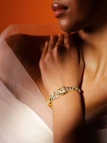 Rubans 22K Gold-Plated Demi-Fine Panther Design Bracelet with Green and Black Cubic Zirconia Wristwear