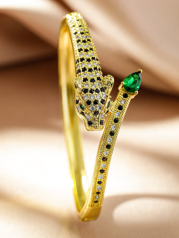 Rubans 22K Gold-Plated Demi-Fine Panther Design Bracelet with Green, Black & White Cubic Zirconia Bangles & Bracelets