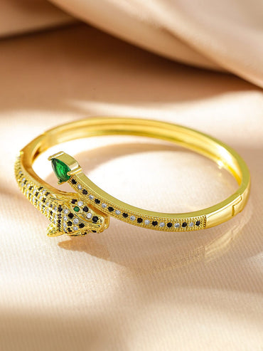 Rubans 22K Gold-Plated Demi-Fine Panther Design Bracelet with Green, Black & White Cubic Zirconia Wristwear