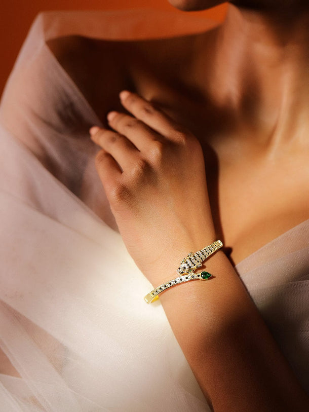 Rubans 22K Gold-Plated Demi-Fine Panther Design Bracelet with Green, Black & White Cubic Zirconia Wristwear