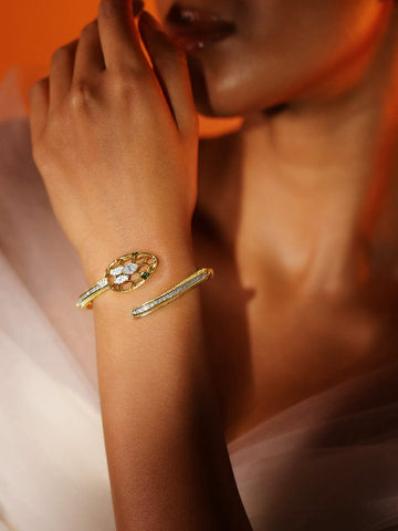 Rubans 22K Gold-Plated Demi-Fine Snake Cuff Bracelet with White & Green Cubic Zirconia Wristwear