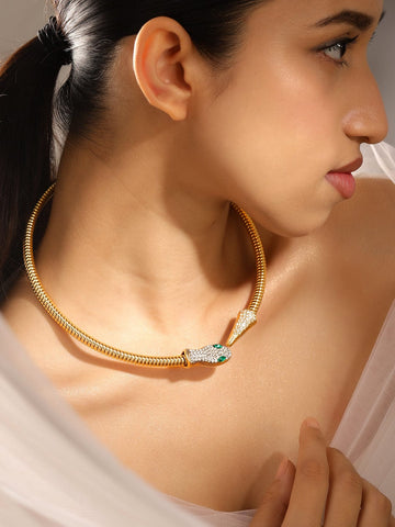 Rubans 22K Gold Plated Demi Fine Snake Motif Statement Choker with White & Emerald Stones Necklace and Chains