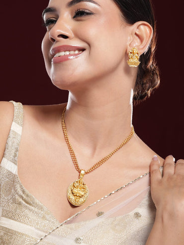Rubans 22K Gold-Plated Divine Ganesh Motif Necklace Set with Textured Traditional Chain Jewellery Set