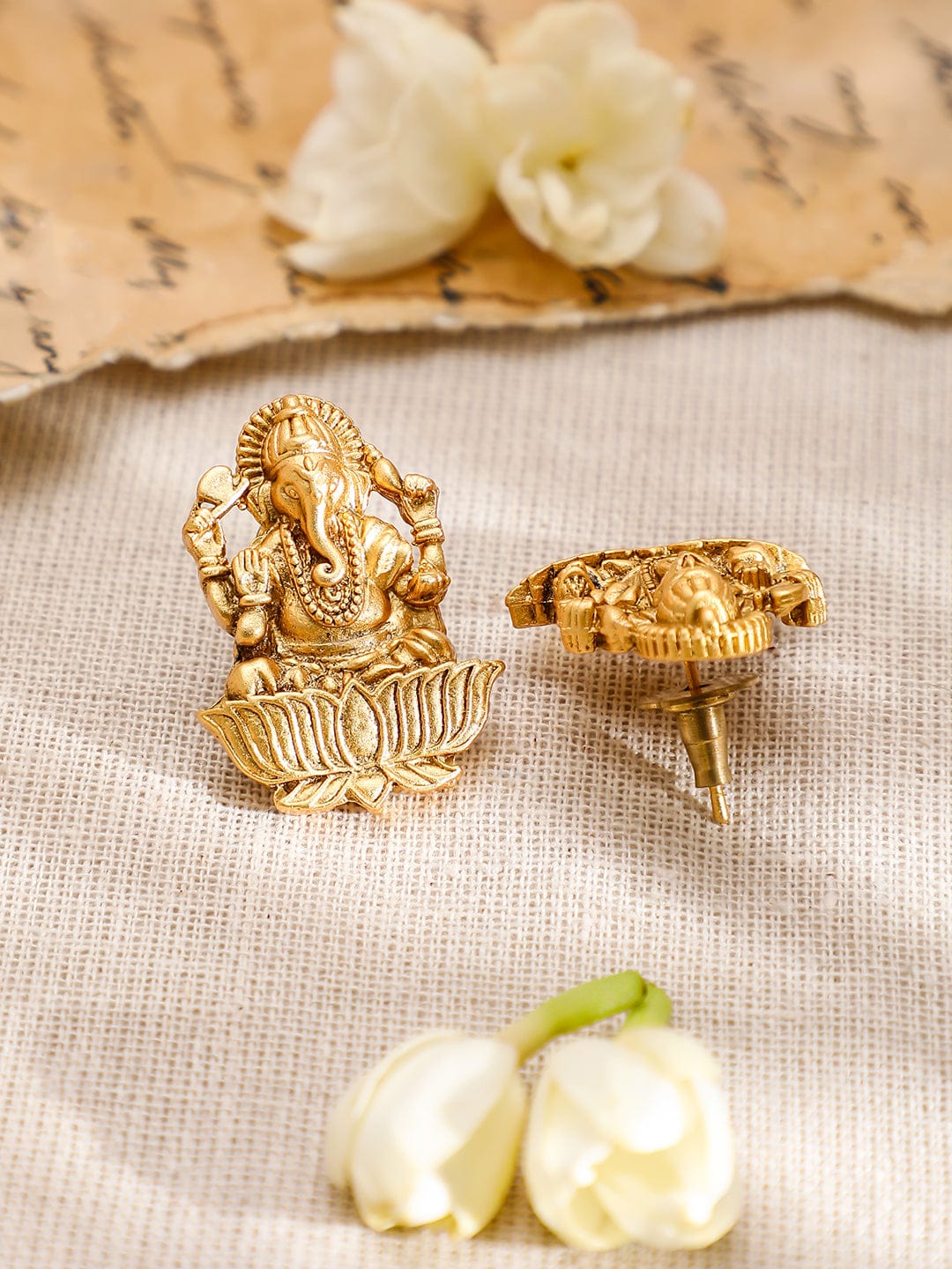 Rubans 22K Gold-Plated Divine Ganesh Motif Necklace Set with Textured Traditional Chain Jewellery Set