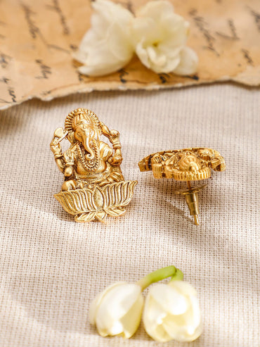 Rubans 22K Gold-Plated Divine Ganesh Motif Necklace Set with Textured Traditional Chain Jewellery Set