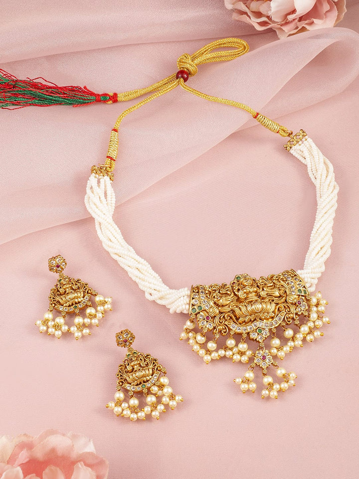 Rubans 22K Gold-Plated Divine Lakshmi Motif Necklace Set with White Beads & Pearl Drops Necklace Set